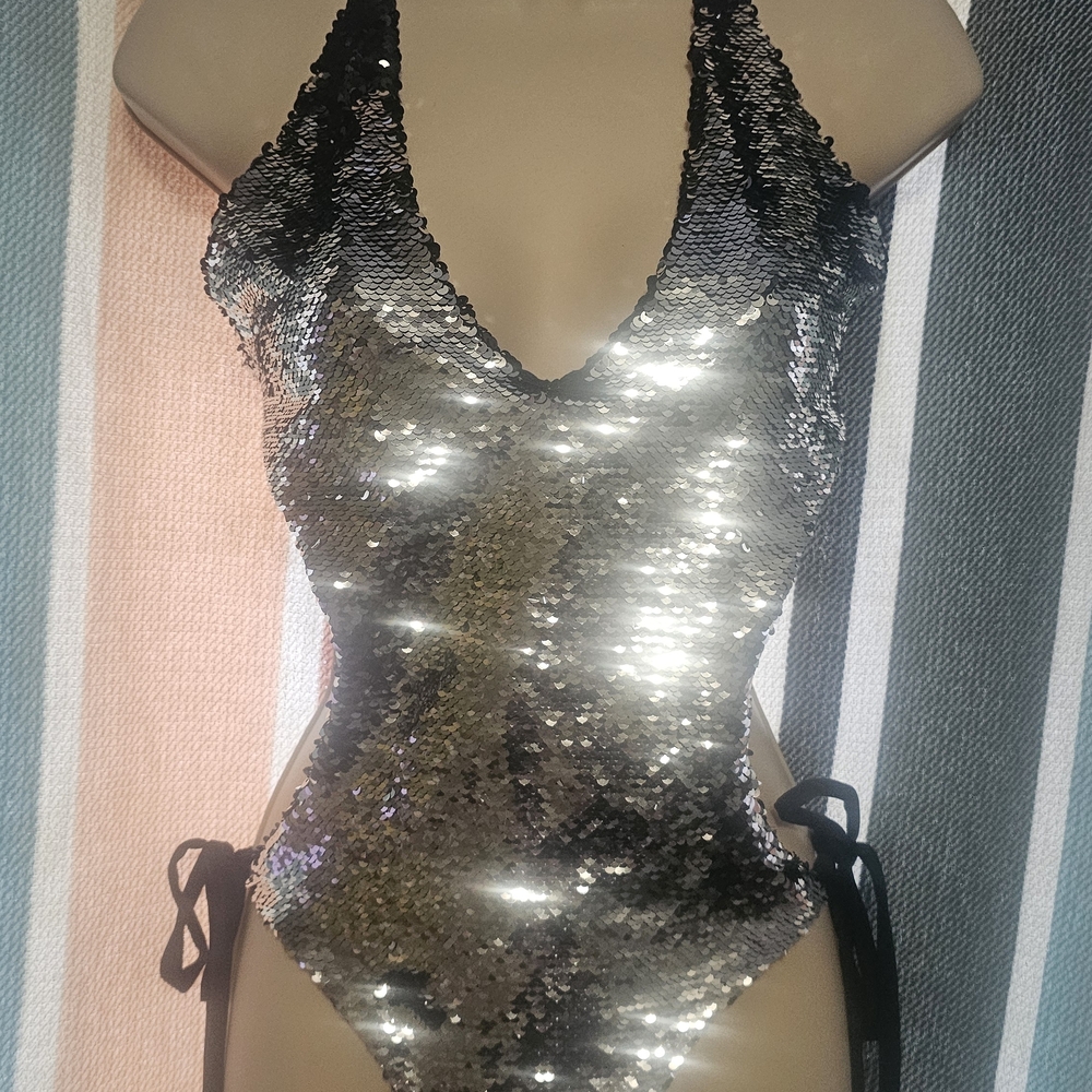 Sequin V-Neck One-Piece Swimsuit in Reversible Silver/Black